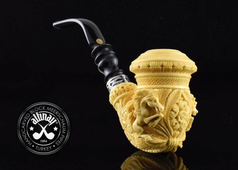 Horse Embossed Calabash Meerschaum Pipe with Silver Band & Tamper Set