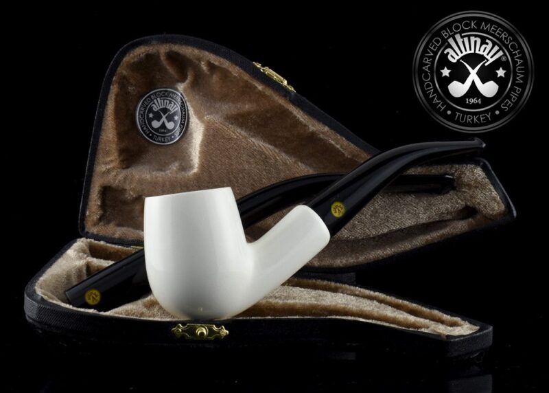 Bent Billiard Meerschaum Pipe with Double Stem in Set Case