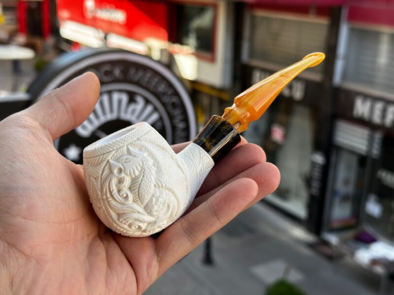 Dragon Motif Apple Meerschaum Pipe with Resin Ferrule 100582